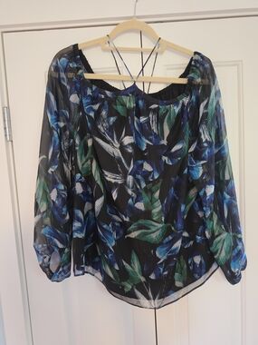 White House Black Market Sheer Floral Blouse in Blue & Green